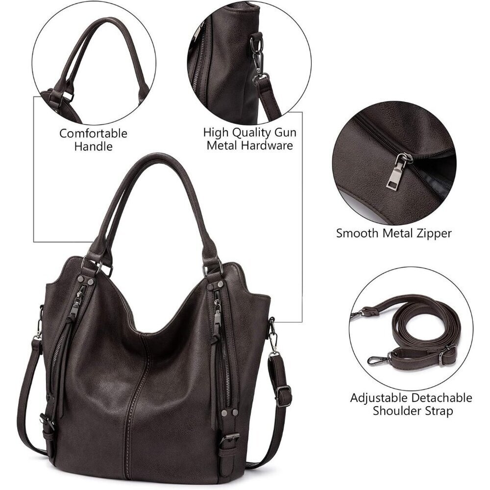 Women's Coffee Large PU Leather Tote Bag - Fashion Hobo Purse w/Strap - Picture 3 of 8